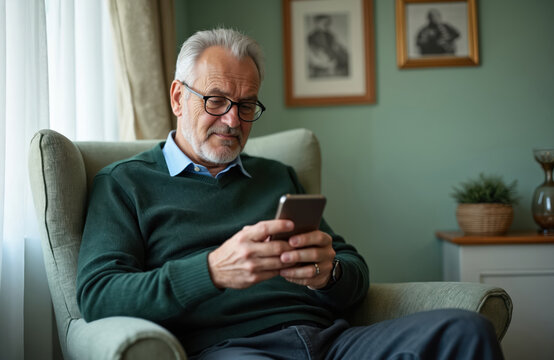 Grey haired senior man wears glasses, uses smartphone device. Elderly male sits comfortably in armchair at home, sends message on mobile phone. Old guy browses internet, connects with family,