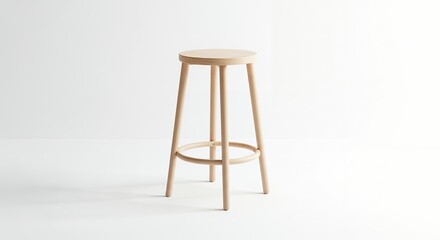 Modern wooden stool with circular footrest on white background.