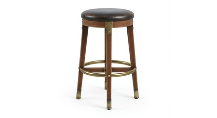 A classic wooden bar stool with a dark leather seat and brass accents on a white background.