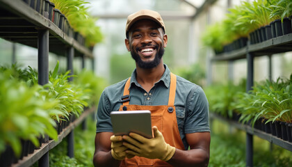 Smiling gardener man uses tablet computer in greenhouse surrounded by rows of green potted plants. He wears an apron and gloves, representing modern agriculture business and plant care.