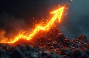 Fiery arrow chart surges upward from rugged ground. Flames ignite around graph line, showing intense business growth and financial success. Symbolizes strong upward trend, progress, and economic rise.