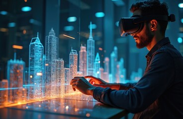 Bearded man wears VR headset, controls glowing holographic city models. Designs urban landscape using AR tech at night. Engineer works on futuristic architecture project with digital display,