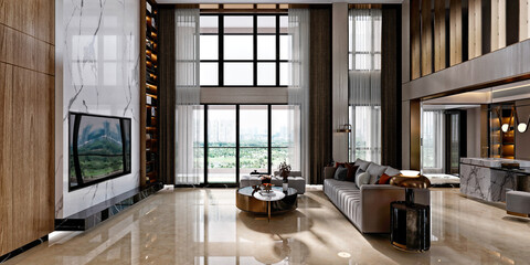 3d render of modern luxury home interior living and dining room