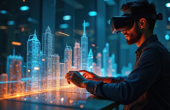 Bearded man wears VR headset, controls glowing holographic city models. Designs urban landscape using AR tech at night. Engineer works on futuristic architecture project with digital display,