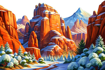 Red cliffs of Zion National Park covered in fresh white snow isolated background
