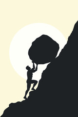 Silhouette of a man pushing a large boulder uphill against the sun, symbolizing struggle, perseverance, determination, and the endless pursuit of success and strength. © Snezana
