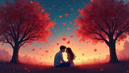 Young couple sits closely on green grass field under two red leaf trees. Hearts fall from starry evening sky at romantic sunset. Lovers gaze at with deep affection. Dreamy art shows true love story
