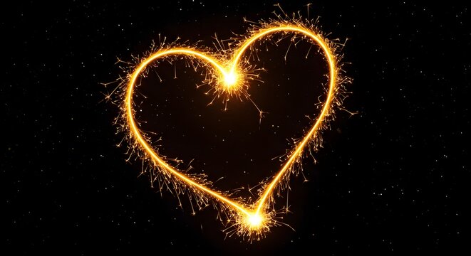 Golden Sparkler Heart Glowing in Darkness. Romantic Celebration, Love, and Festive Background.