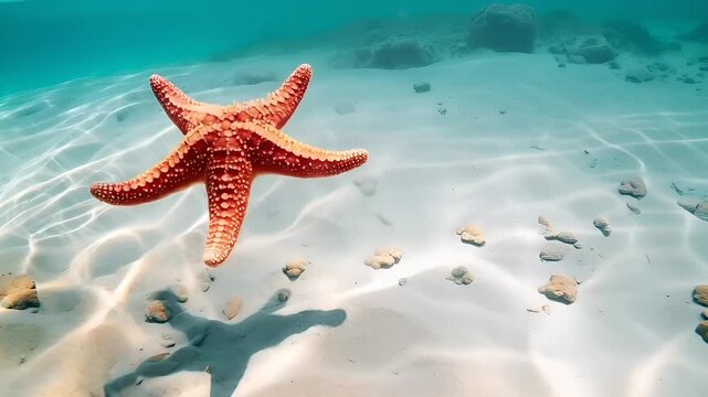 Aerial view of a red starfish in clear turquoise water with ripples and sandy shoreline.