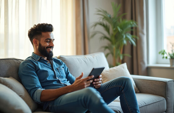 Indian man uses tablet on couch. He smiles while browsing content on device. Person relaxes indoors at home with technology. He checks news or social media.