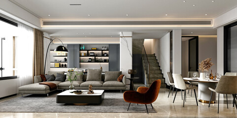 3d render of modern luxury home interior living and dining room