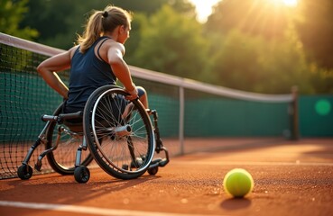 Woman in wheelchair plays tennis on court. Female tennis player trains at sport ground. Inclusive sport for athletes with disability. Determination, motivation concept. Wheelchair sport competition