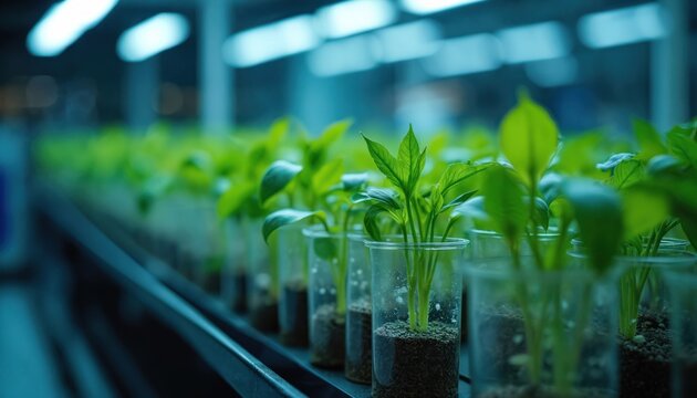 Rows of young green plants grow in clear pots under artificial lab lights. Scientific research studies plant development, new farming techniques in controlled environment. Horticulture experiment - Powered by Adobe