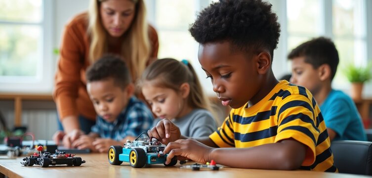 Children build robot car in STEM class. Teacher guides young students assembling electronic vehicle project. Kids learn engineering, innovation, and teamwork in school science workshop.
