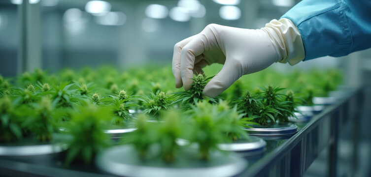 Gloved hand inspects cannabis plant row in clean medical grow facility. Professionals check green marijuana buds under bright lights for quality and potency in sterile indoor farm.