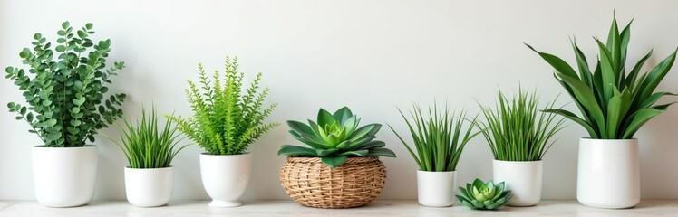 Fototapeta premium Row of diverse artificial green plants in white pots on shelf. Fake eucalyptus, fern, succulent, grass decorates modern home interior. Zero maintenance houseplant collection provides natural decor