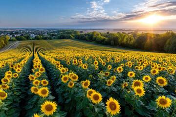 Fototapeta premium Golden Sunflower Field at Sunset near Village