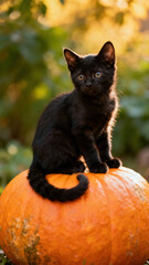 Obraz premium A playful black kitten perches on a vibrant orange pumpkin surrounded by lush greenery. The warm glow of sunset highlights the kitten's shiny fur and curious expression in the garden