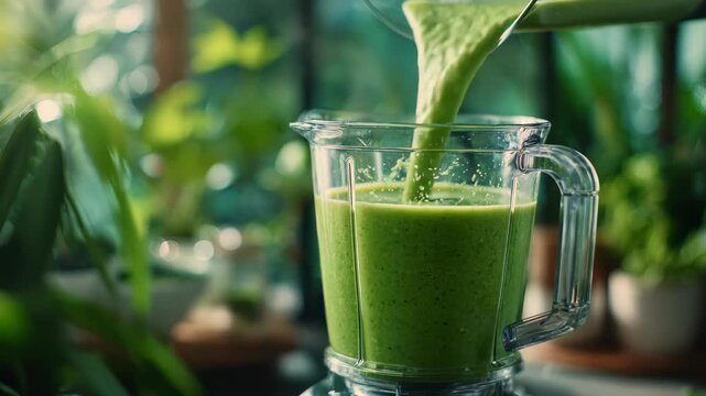 Vibrant green smoothie is poured into a transparent blender, surrounded by greenery and sunlight, symbolizing freshness and wellness. Perfect for promoting detox, vegan, and clean eating trends