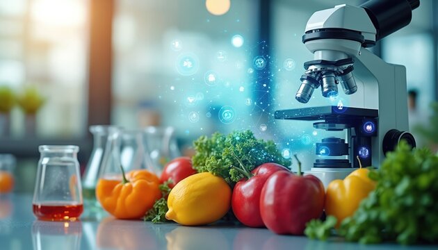 Microscope analyzes fresh fruit and vegetables. Digital icons show data science and food quality control in lab. Healthy eating research for better nutrition. - Powered by Adobe