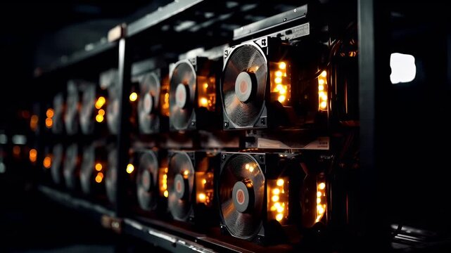 Bitcoin crypto mining rig. A closeup shot of a server rack with multiple fans and lights. The main subject is a row of computer hardware components, including fans, cooling units.