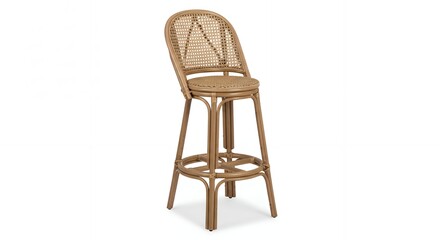 A tall, elegant rattan bar stool with a woven backrest and seat, perfect for a kitchen island.