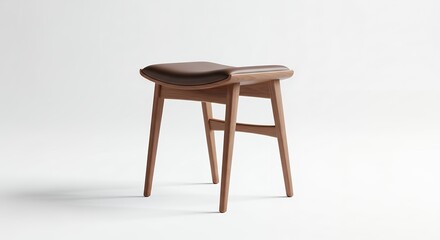 A minimalist wooden stool with a curved brown upholstered seat isolated on a clean white background.