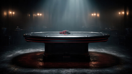 luxurious poker table with stacked casino chips under a sharp spotlight in a dark, mysterious room. Evokes high stakes gambling excitement.