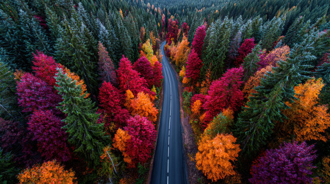 Drone shot captures a winding road surrounded by a vibrant autumn forest. Stunning red, orange, green trees highlight the beautiful natural seasonal landscape.