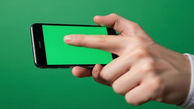 Finger tapping green screen on smartphone for app promo or website demo, perfect for tech ads or responsive design mockups in a modern setting.