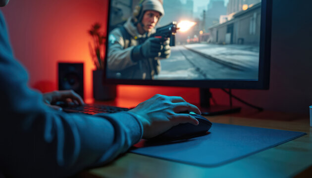 Person plays computer shooter game. Hands on keyboard and mouse. Game character aims gun on screen. Gamer focuses on digital match at night.