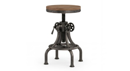 Industrial style adjustable height bar stool with a round wooden seat and a metal crank base, isolated on a white background.