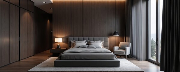 Modern bedroom with dark wood walls, grey upholstered bed, and large windows. Minimalist interior design features ambient lighting and plush rug. Comfortable sleeping area.