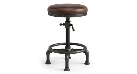 Industrial style adjustable bar stool with a round brown leather seat and black metal pipe base isolated on a white background.