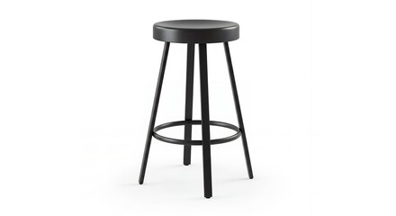 Black bar stool with round seat and metal legs on white.