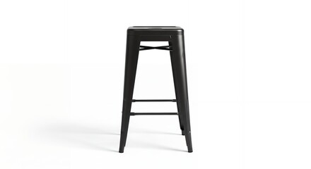 A tall black metal industrial style bar stool with a square seat, viewed from the front against a plain white background.