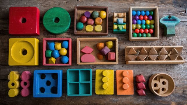 Toy many colorful educational wooden. play, Top view, executive function, kid, skill, education, intelligence quotient, emotional quotient, childhood, development