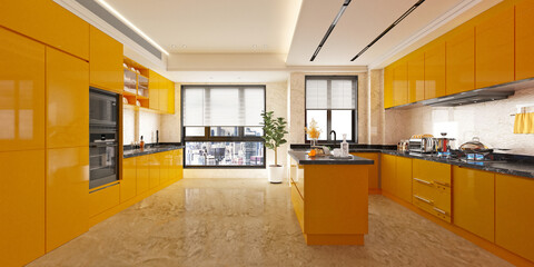 3d render yellow design kitchen interior