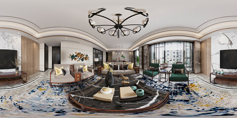 3d render of modern luxury home interior living and dining room