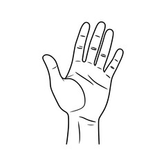 Obraz premium A simple black and white line drawing of an open human hand with fingers spread wide.