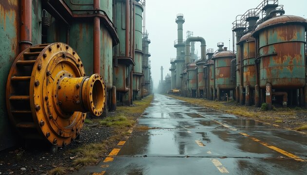 Weathered industrial complex with rusty pipes and tanks. Wet road reflects overcast sky near abandoned factory structures. Old metal equipment shows signs of decay and disuse in this overgrown site. - Powered by Adobe