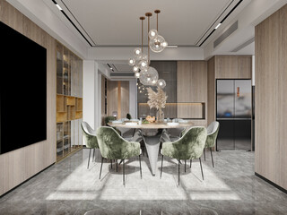 3d render of modern luxury home interior living and dining room