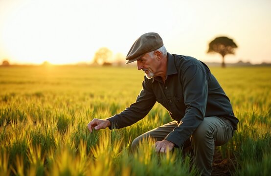 Mature farmer checks wheat harvest growth at golden sunset. Agronomist inspects crop plantation. Man controls grain production, organic food industry. Cultivation expert works at farmland in