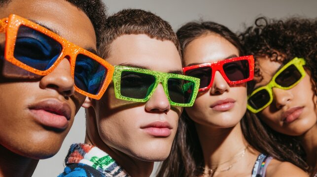 Diverse Models Showcase Colorful Glasses in a Bright Studio, Celebrating Vibrant Fashion and Unique Styles During a Creative Photoshoot