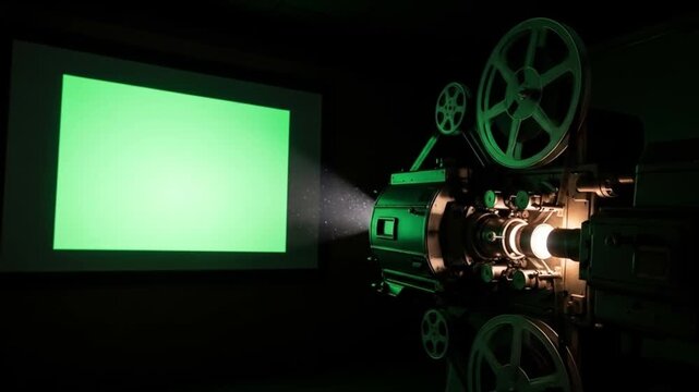 Vintage film projector shining brightly onto a green screen, perfect for retro film nostalgia or a classic cinema experience in a dark theatre