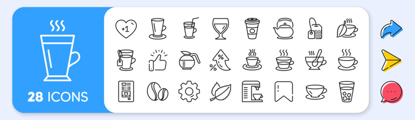 Coffee and Tea line icons. Interest rate, AI generate, Inflation icons. Set of Cappuccino, Juice with ice and Latte coffee cup icons. Teapot, Coffeepot and Hot drink with Steam. Vector
