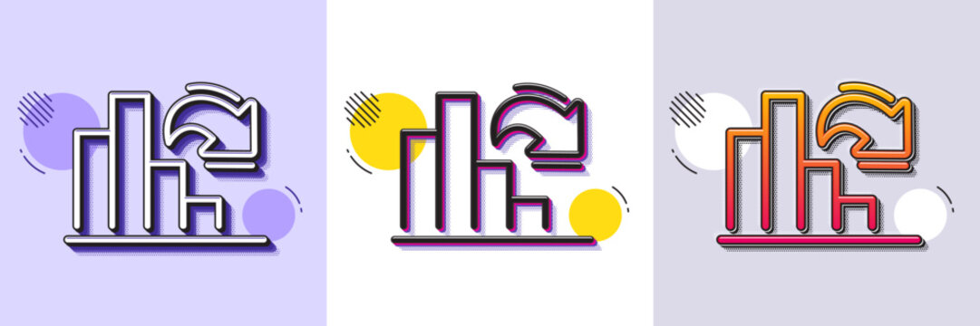 Decreasing graph line icon. Halftone dotted pattern. Gradient icon with grain shadow. Column chart sign. Market analytics symbol. Line decreasing graph icon. Various designs. Vector