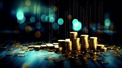 Stock market. Finance investment economy concept. A closeup of a stack of gold coins against a digital background with binary code. The coins are arranged in a pyramidlike formation. - Powered by Adobe