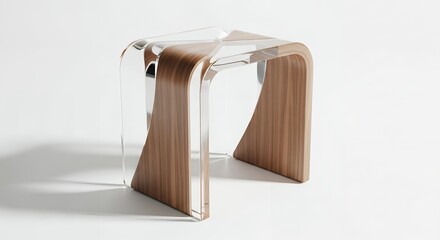 A modern designer stool featuring a blend of clear acrylic and curved bent wood against a clean white background.