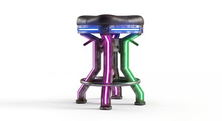 A futuristic bar stool with vibrant purple and green legs and blue LED lighting on the seat.